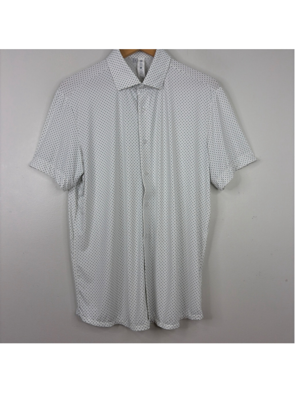 State & Liberty Shirt Mens Large White Black Dot Short Sleeve Button Up Collar